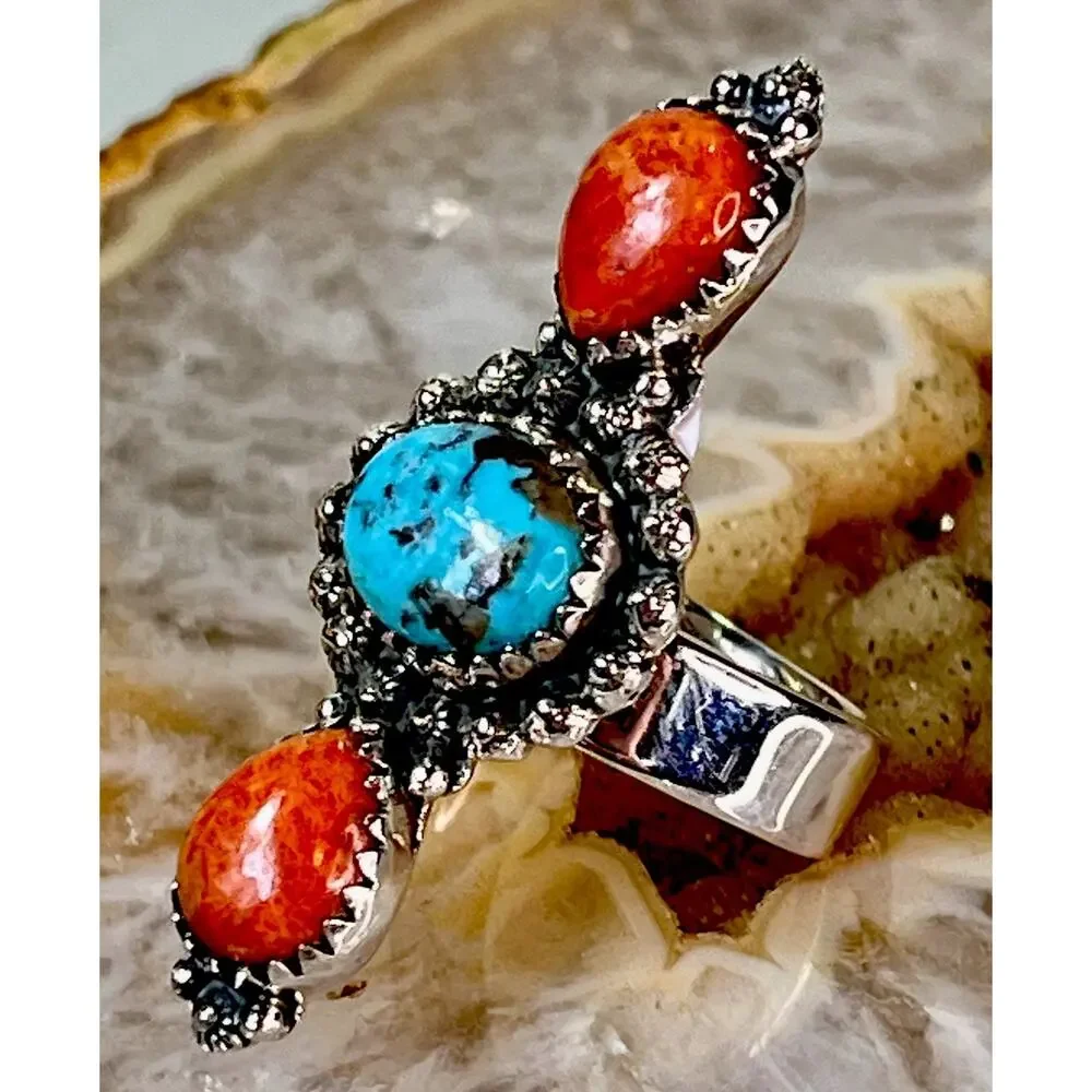 Sterling Silver Spiny Oyster Kingman Turquoise Cluster Statement Ring Adjust Sz